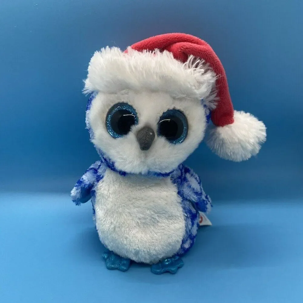 Ty Big Eyed Plushies Stuffed Animals Penguin Kitty Santa Owl‎ 6” Lot Of 3
